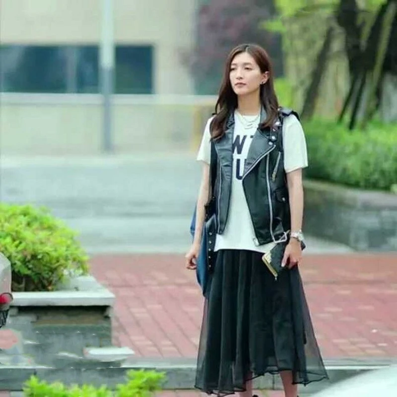 New Women PU Leather Sleeveless Jacket Vest Motorcycle Genuine Sheep Leather Waistcoat Slim Lapel Lambskin Short Coat Streetwear