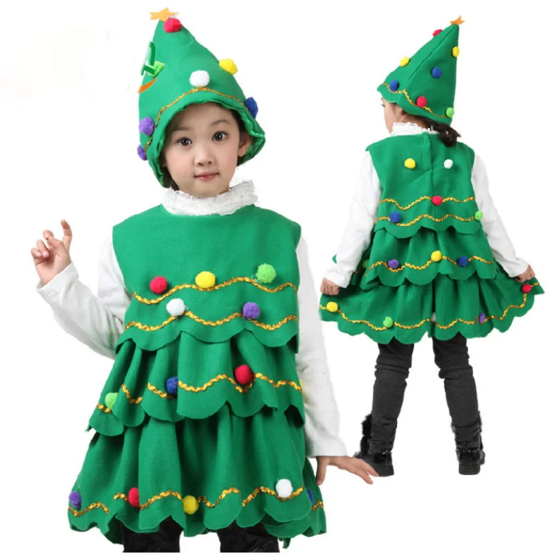 Kid Christmas Cospaly Tree Dresses Cospaly Girl Green Grinch Party Perfomance Clothing with Hat Elf Xmas Costumes