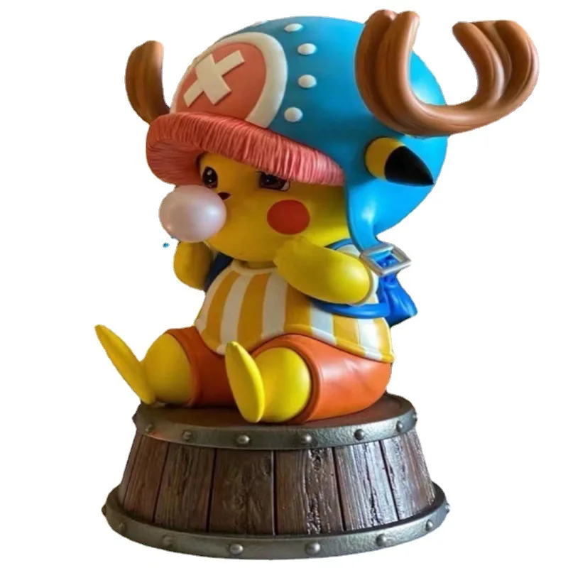 

Pokémon Pikachu COS One Piece Chopper Blowing Bubbles Sitting In A Wine Barrel Hand-made Surrounding Children's Ornaments Model