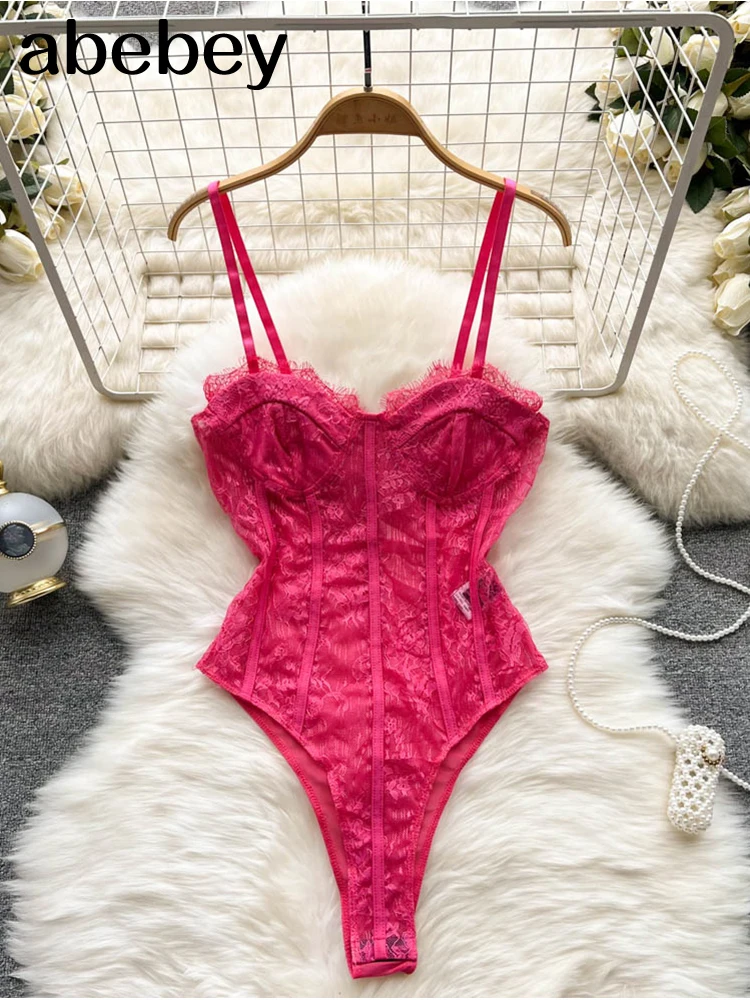 

Women Solid Backless Bodysuits Fashion Korean Bodycon Strap Rompers 2022 Summer Streetwear Slim Lace Sexy Bodysuit