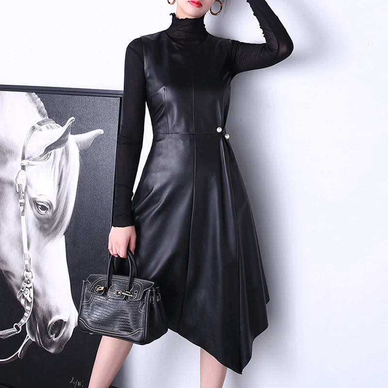 

Spring New Genuine Leather Sheepskin Round Neck Sleeveless Pearl Button High Waist Umbrella Asymmetry Printed Dress for Women