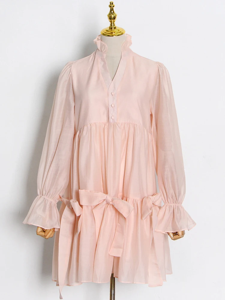

Pink Perspective Ruffle Bowknot Women Dress V Neck Puff Sleeves Loose Oversized Dresses Female 2022 Spring