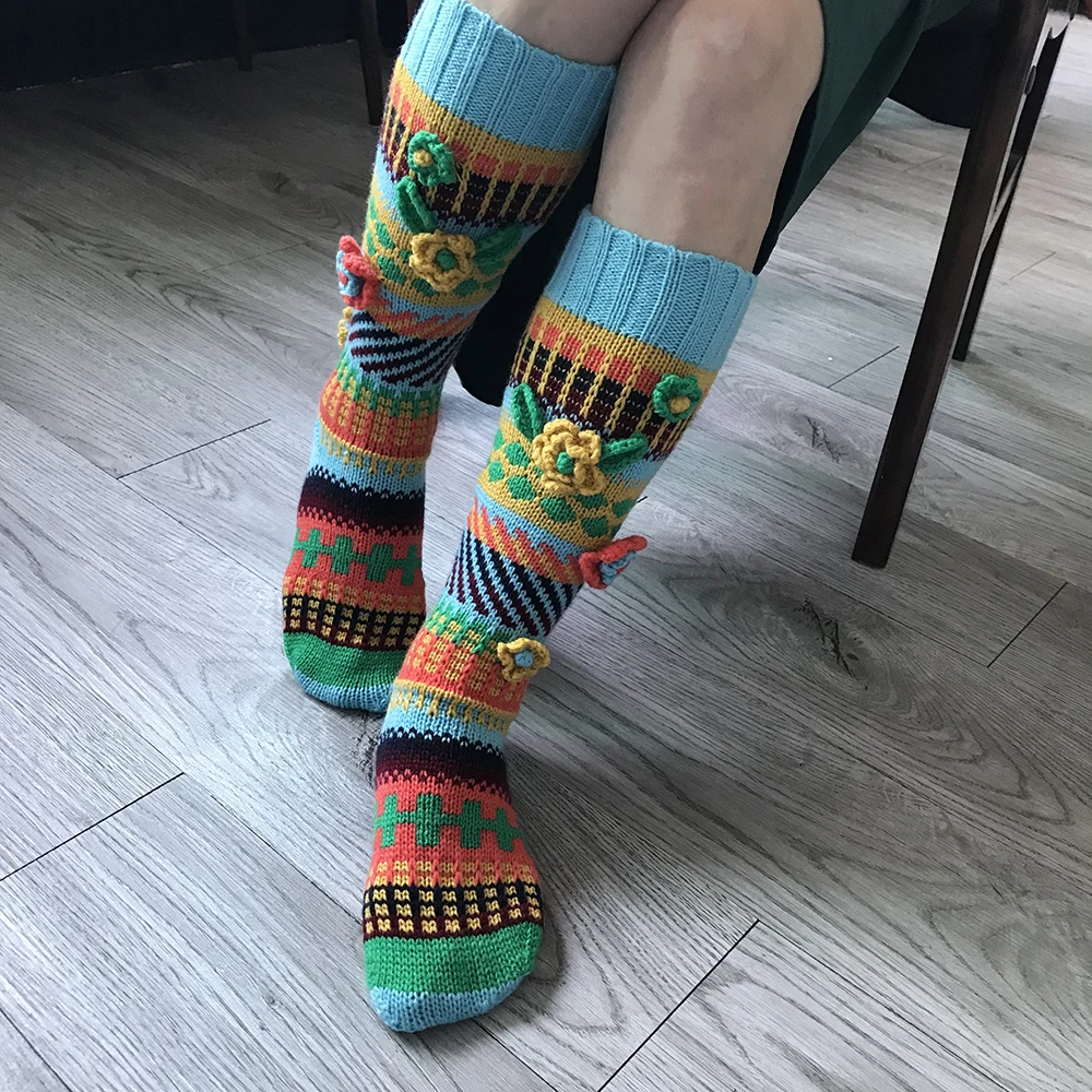 ins style new autumn and winter color long women's socks warm adult color matching crochet wool socks