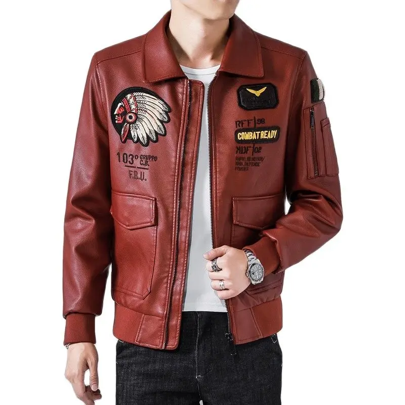 

Супер-взрывчатый бархатный мужской мотоциклетный костюм 2022 Корейская версия с лацканами и вышивкой трендовая облегающая повседневная кож...