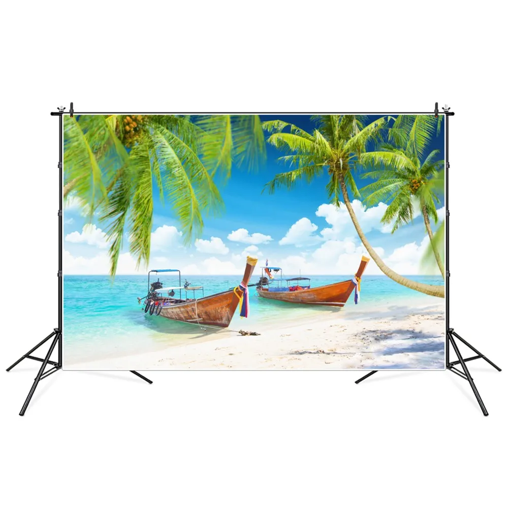 

Tropical Palms Beach Boats Scenic Summer Holiday Photography Backgrounds Clouds Blue Sky Party Decoration Photocall Backdrops