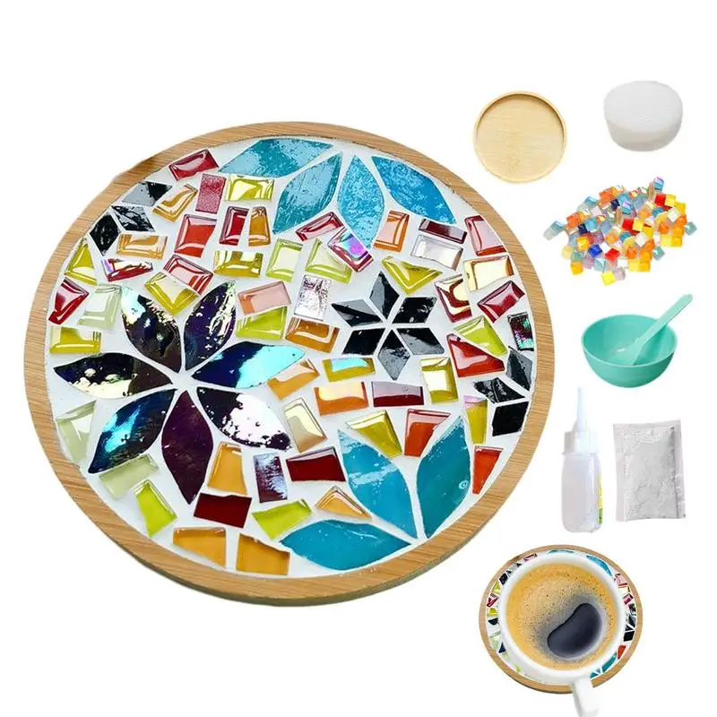 Mosaic Tiles For Crafts Kits Mixed Color Mosaic Kits With Wooden Coaster For Adults Materials Package For Coaster Handmade Home