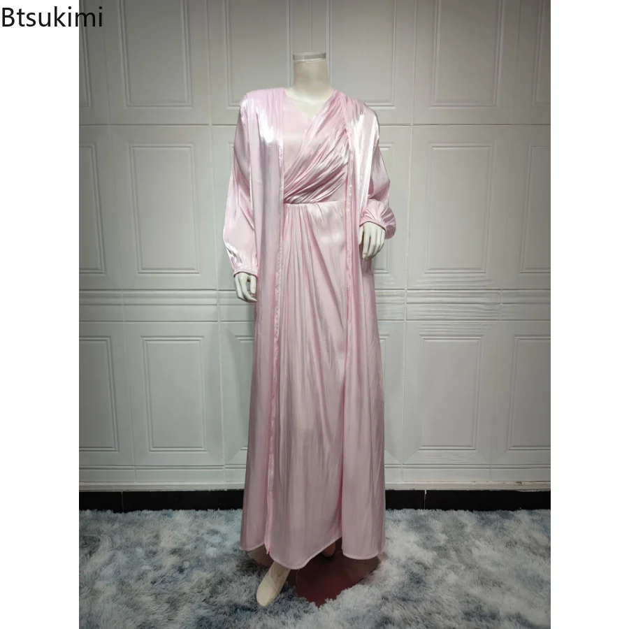 Women 2 Piece Set Silky Satin Abaya Dubai Muslim Dresses Morocco Party Dress Eid Caftan Evening Long Robe Vestidos Abayas Robe