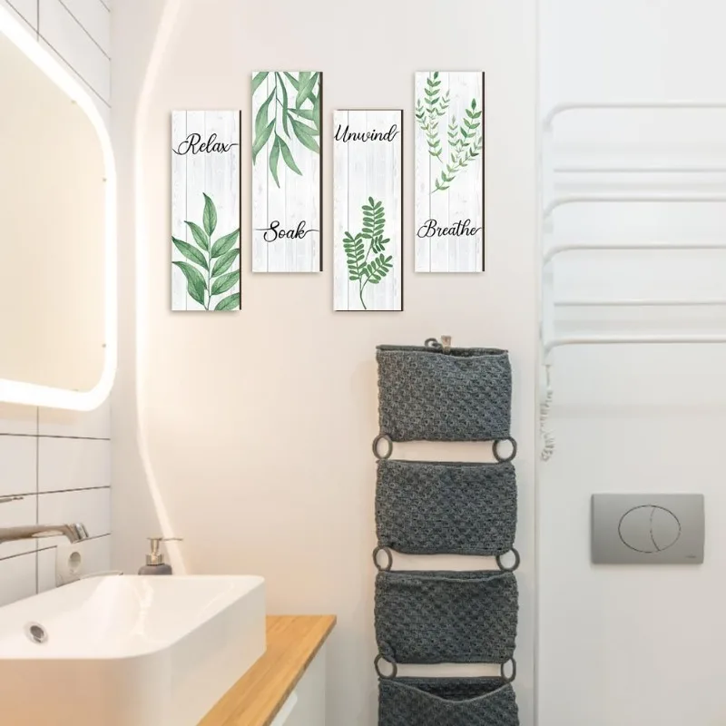 Деревянный настенный знак с зелеными листьями 4 шт.