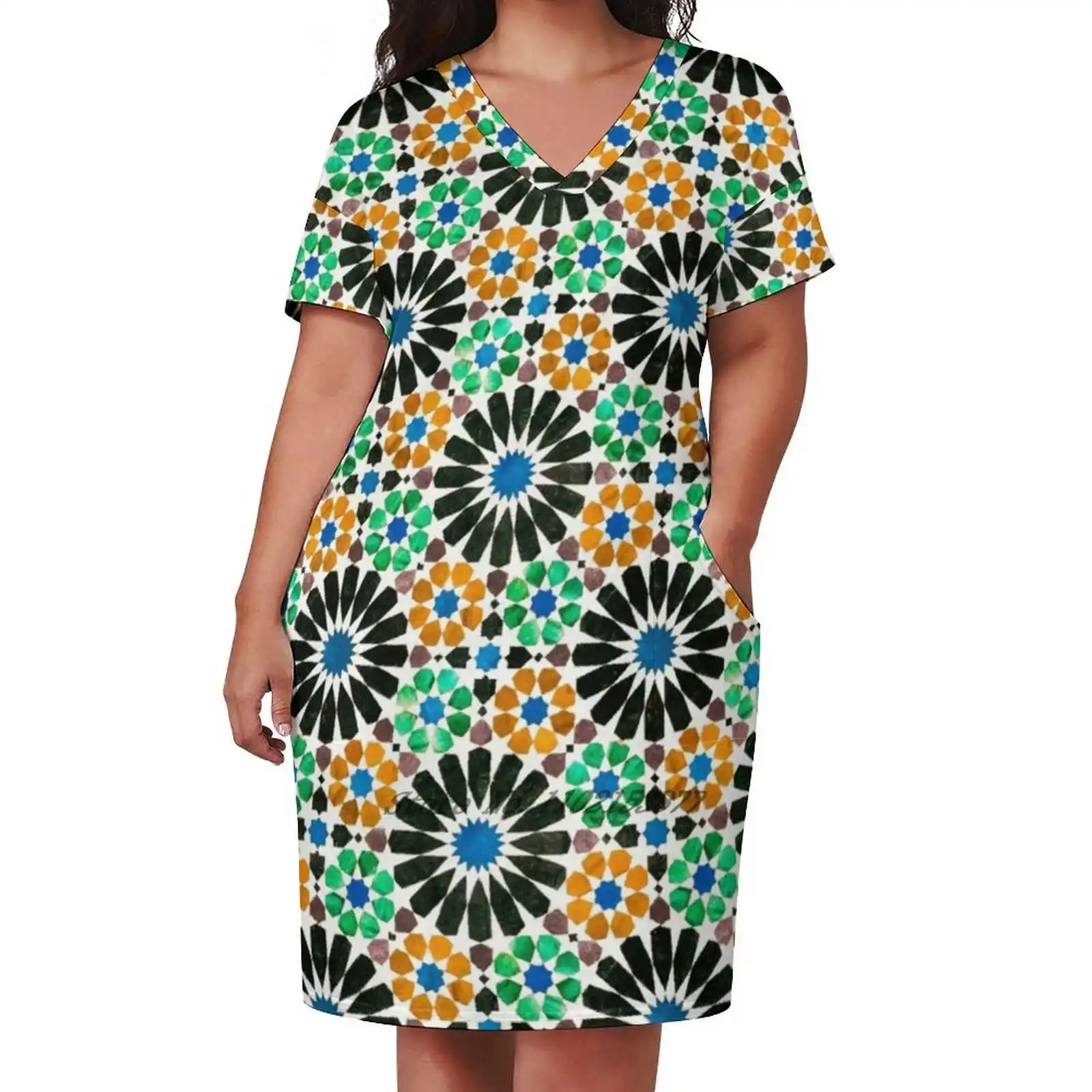 

Свободное платье Alhambra Tessellation с карманами, платья с коротким рукавом и V-образным вырезом, платье 5Xl с геометрическим рисунком, мозаикой, абстрактной керамикой