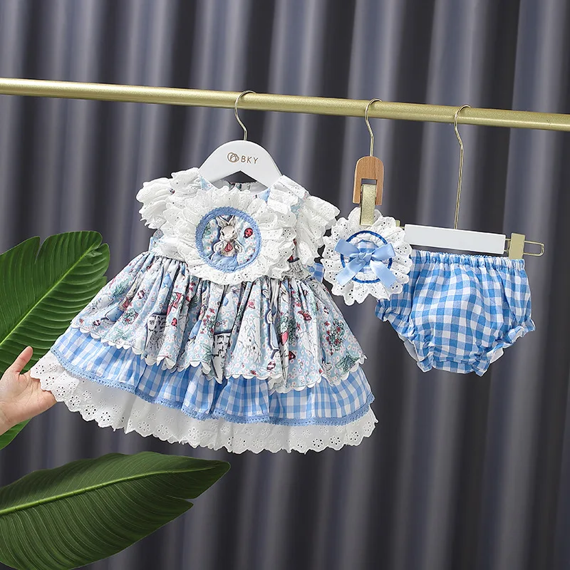 

Baby Girls Lolita Bitter Fleabane Dress Infant Bowknot Lace Birthday Princess Dress + Shorts Pants + Headwear 3pcs Suit Kids