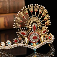 islam luxury pearl rhinestone goldenen crown hollowed out design bridal wedding decoration jewelry tiara