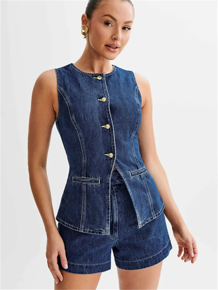 Женский джинсовый костюм без рукавов повседневный комплект из двух предметов