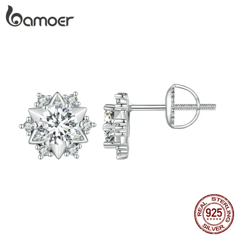 

Bamoer Moissanite Diamond 0.5Carat Snowflake Stud Earrings 925 Silver Ear Stud Platinum Plated for Women Wedding Gift