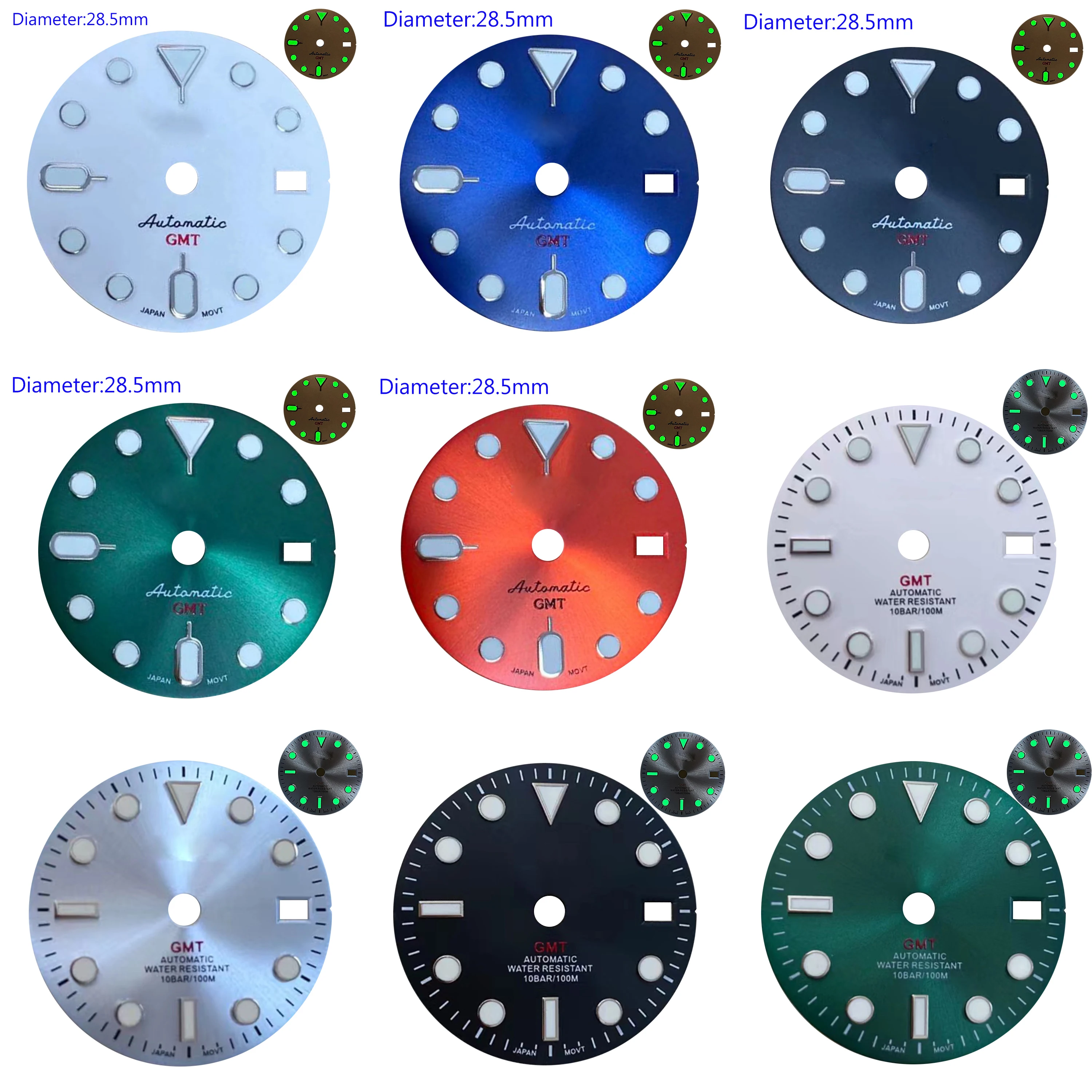 

GMT new modified 28.5mm watch accessories with green glow on the face are suitable for NH34 movement, and the dial can be custom