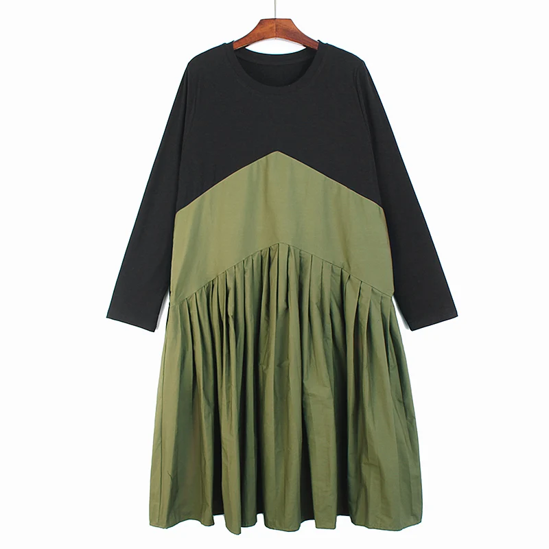 

SuperAen Long-sleeved Dress Korean 2022 Autumn T-shirt Stitching High Waist Loose Pleated Long Oversized Dress