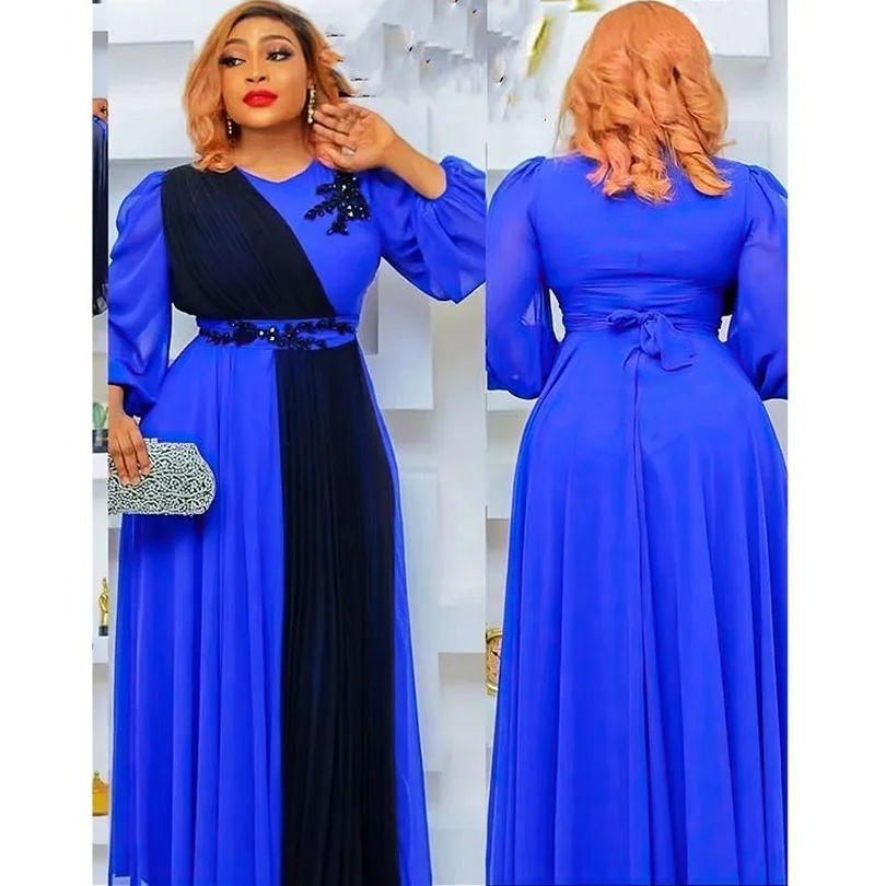 

Summer African Women O-neck Polyester Long Sleeve White Yellow Pink Blue Long Dress African Clothes African Dresses for Women