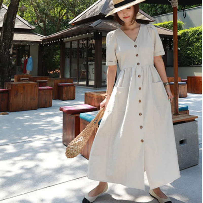 

New Summer Vintage Cotton Linen V-Neck Simple Solid Single breasted Short Sleeve Pocket High Waist Holiday Style Dress