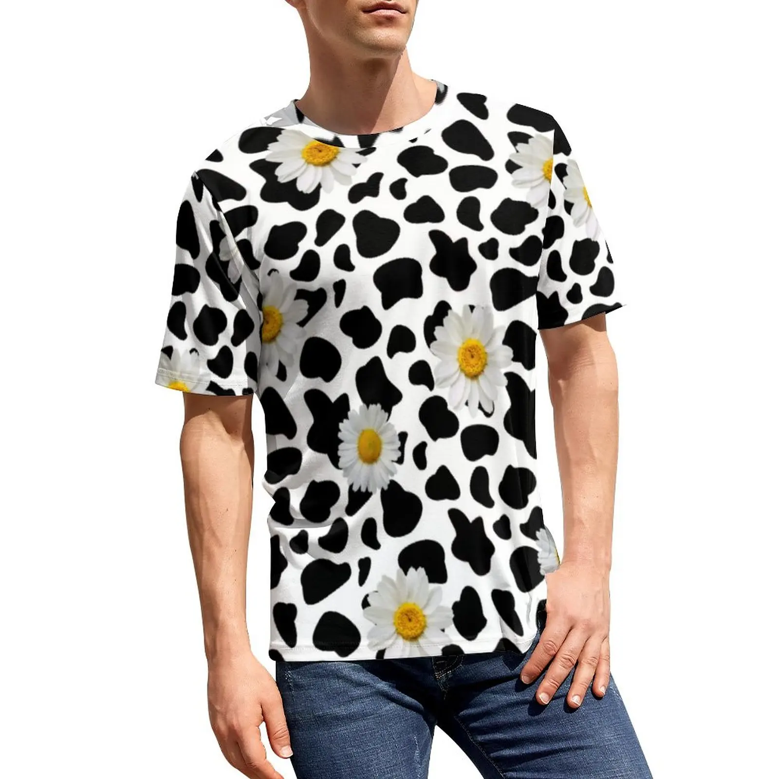 

White Daisy T-Shirt Cow Print Hippie T Shirts Short-Sleeve Pattern Tshirt Hot Sale Summer Basic Big Size Tees