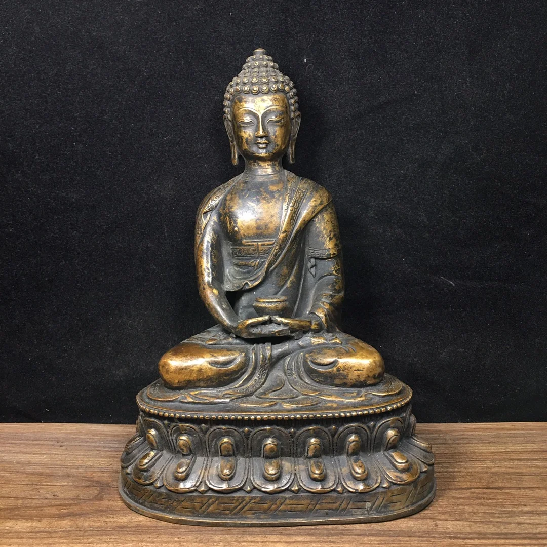 

8"Tibet Temple Collection Old Bronze Gilding Cinnabar Sakyamuni Amitabha Lotus Stage Sitting Buddha Town house Exorcism
