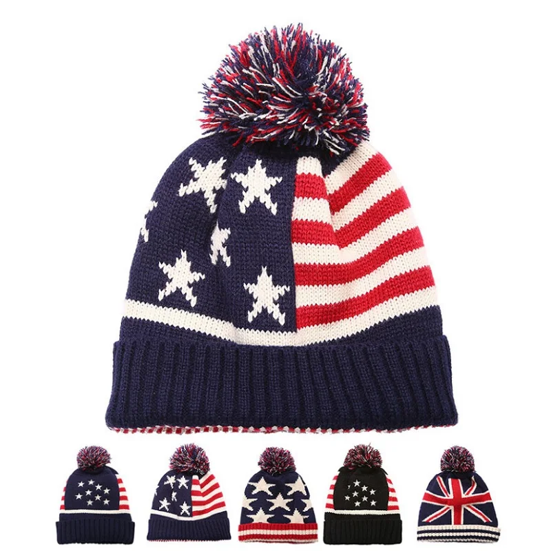 

Adult American Union Jack Knitted Wool Earmuffs Men's Women's Autumn Winter Warm Embroidery Stars Stripes Design