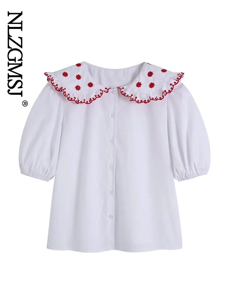 

Nlzgmsj 2022 Летняя женская рубашка из поплина с агарической вышивкой в стиле пэчворк, Офисная Женская Повседневная Блузка с пышными рукавами, ши...