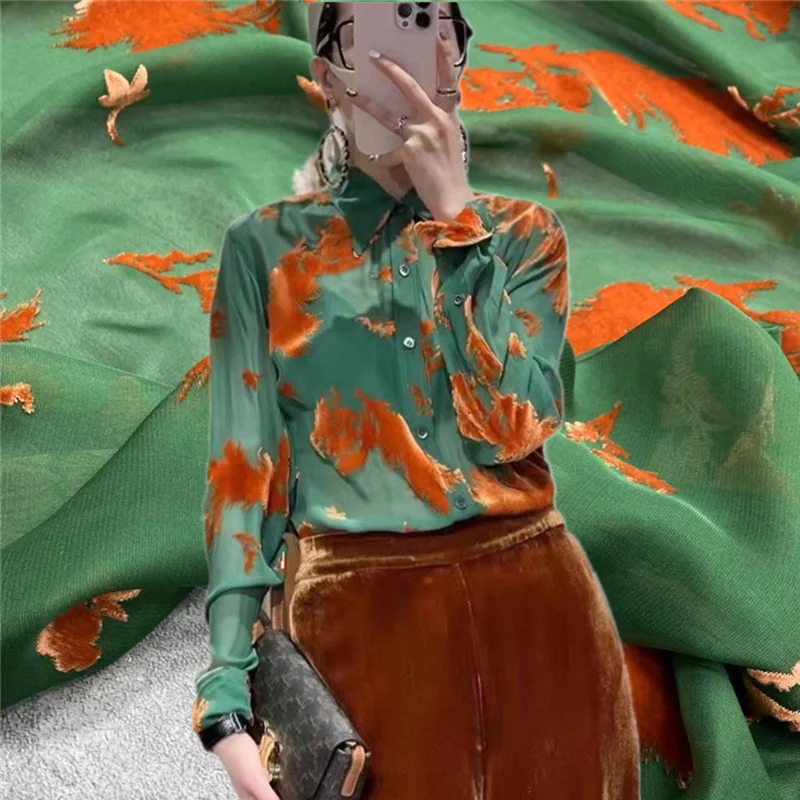

Summer Mulberry Silk Jacquard Fabric High-end Georgette Velvet Dark Green Shirt for Dress Slightly Transparent for Sewing