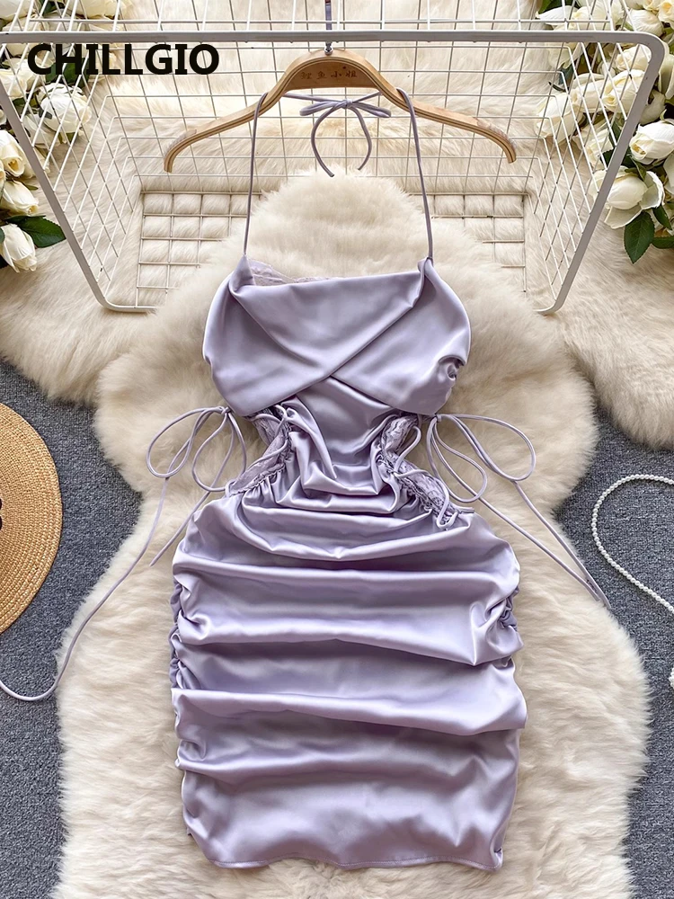 CHILLGIO женское сексуальное кружевное лоскутное атласное платье на бретельках