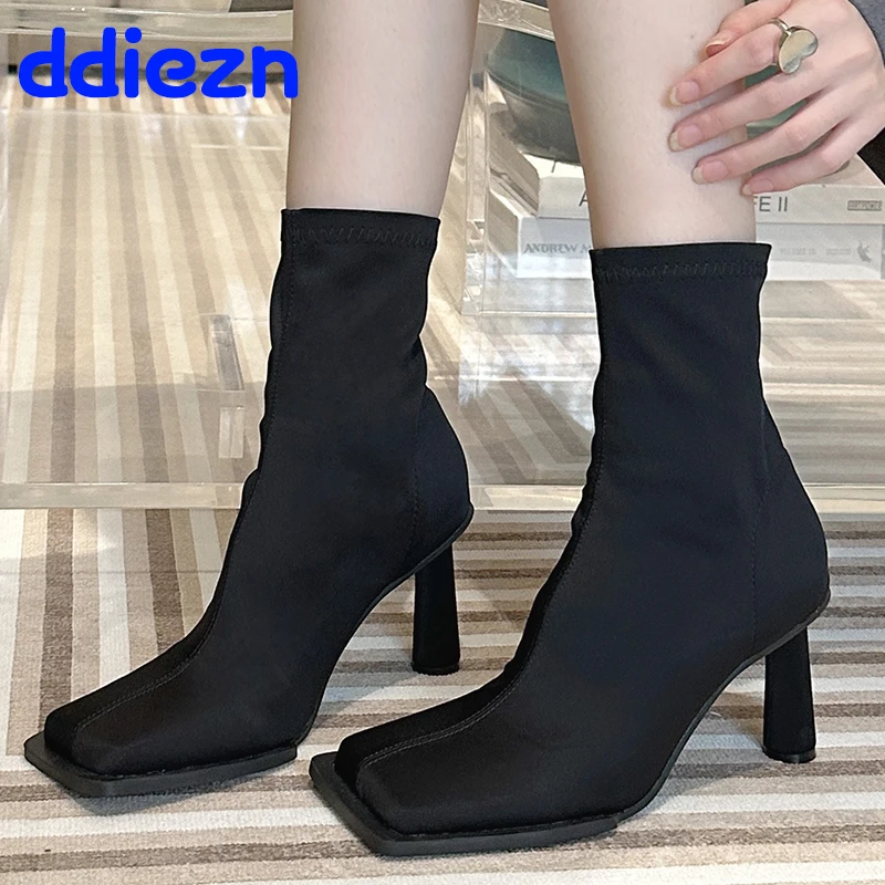 

Stretch Square Toe Ladies Ankle Boots Shoes Fashion Round Heels Shoes Slip On Modern Elastic Short Boots For Women Footwear