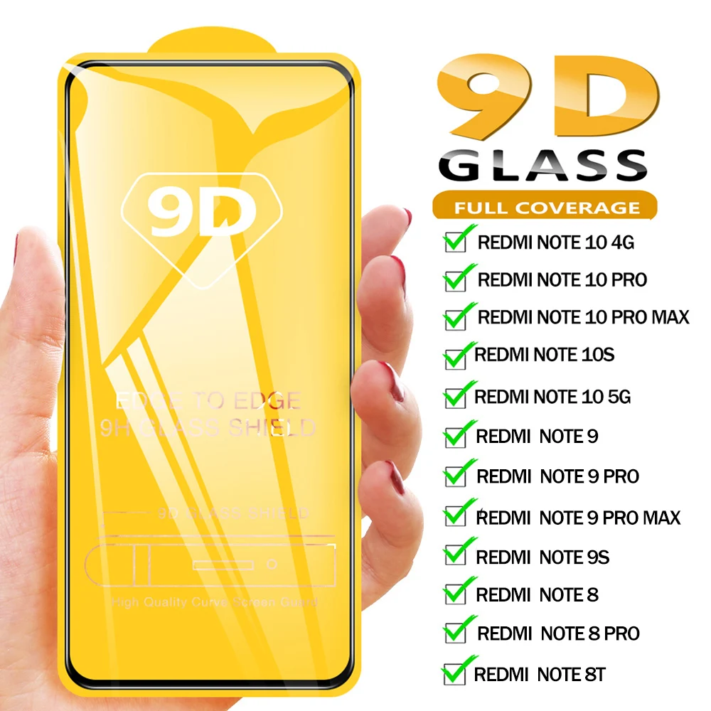 

9D Protective Glass For Xiaomi Redmi Note 10 9 8 Pro 11 10 Pro Max 10S 9S 8T Note10 Screen Protector Full Cover Tempered Glass