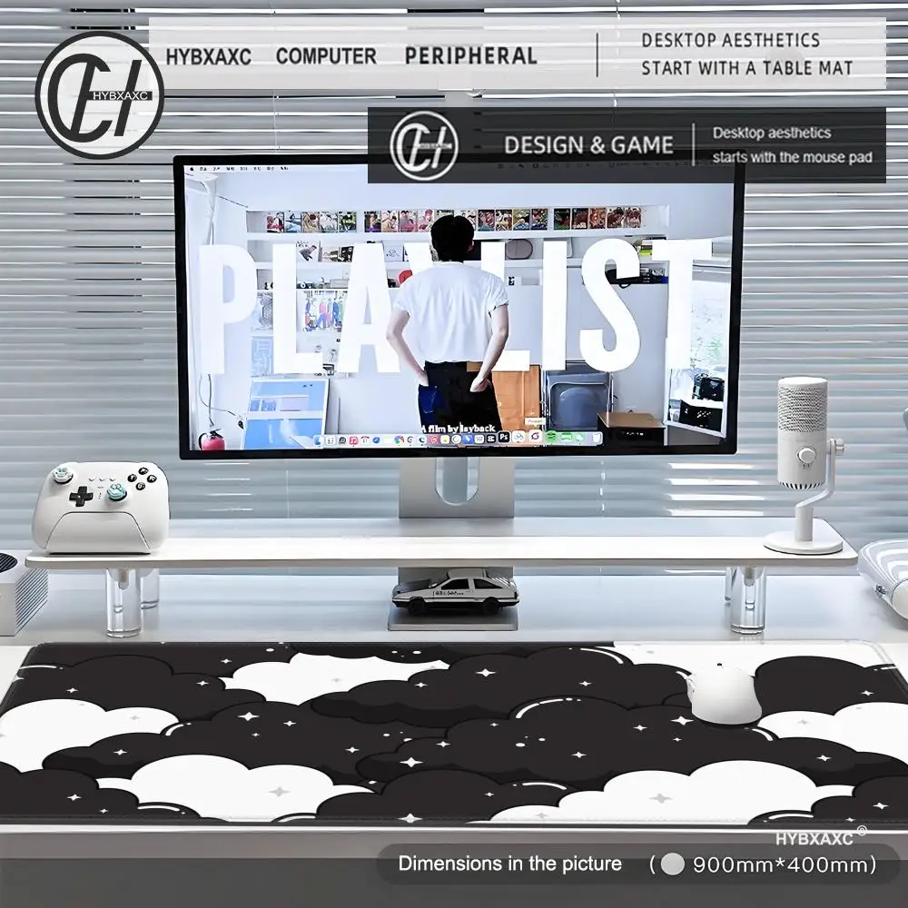 Японский цветной настольный коврик с розовыми облаками игровой для мыши черный