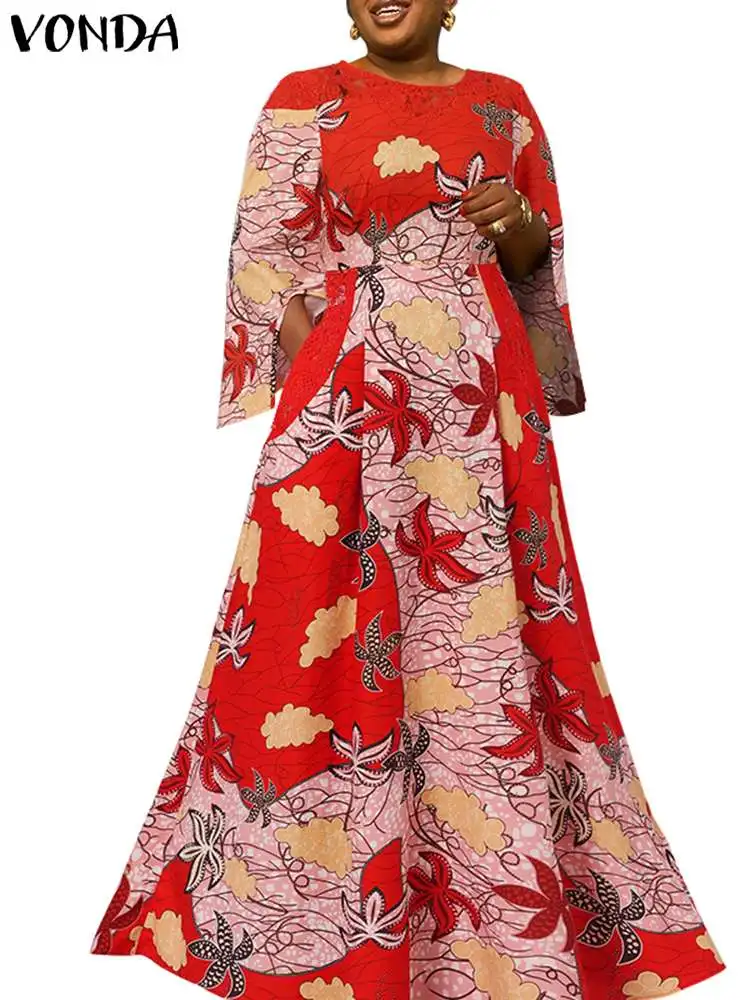 VONDA Plus Size Women 2023 Summer Floral Printed Maxi Dress Summer Lace Patchwork Long Sundress Long Sleeve Pleated Party Robe