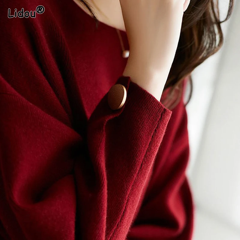 Solid Sweaters Loose Autumn Winter Thick Pullovers Straight Round Neck 2022 Women's Clothing Button Knitted Temperament Elegant images - 6