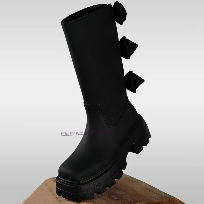 New Bow-embellished Square-toe Thick Sole Mid-Calf Boots Solid Color Fashionable All-match Boots