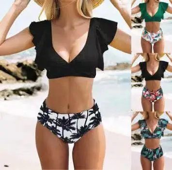 

High Waist Ruffled Bikini Set 2020 Sexy Flounce Biquini Swimwear Women Two Pieces Swimsuit Floral Beachwear V-neck Bathing Suit