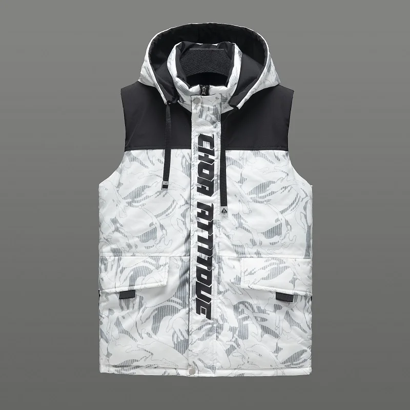 Camouflage Patchwork Hooded Puffer Jacket for Mens Winter Fashion Trends Sleeveless Streetwear Teenage Loose Fit Warm Thick Vest