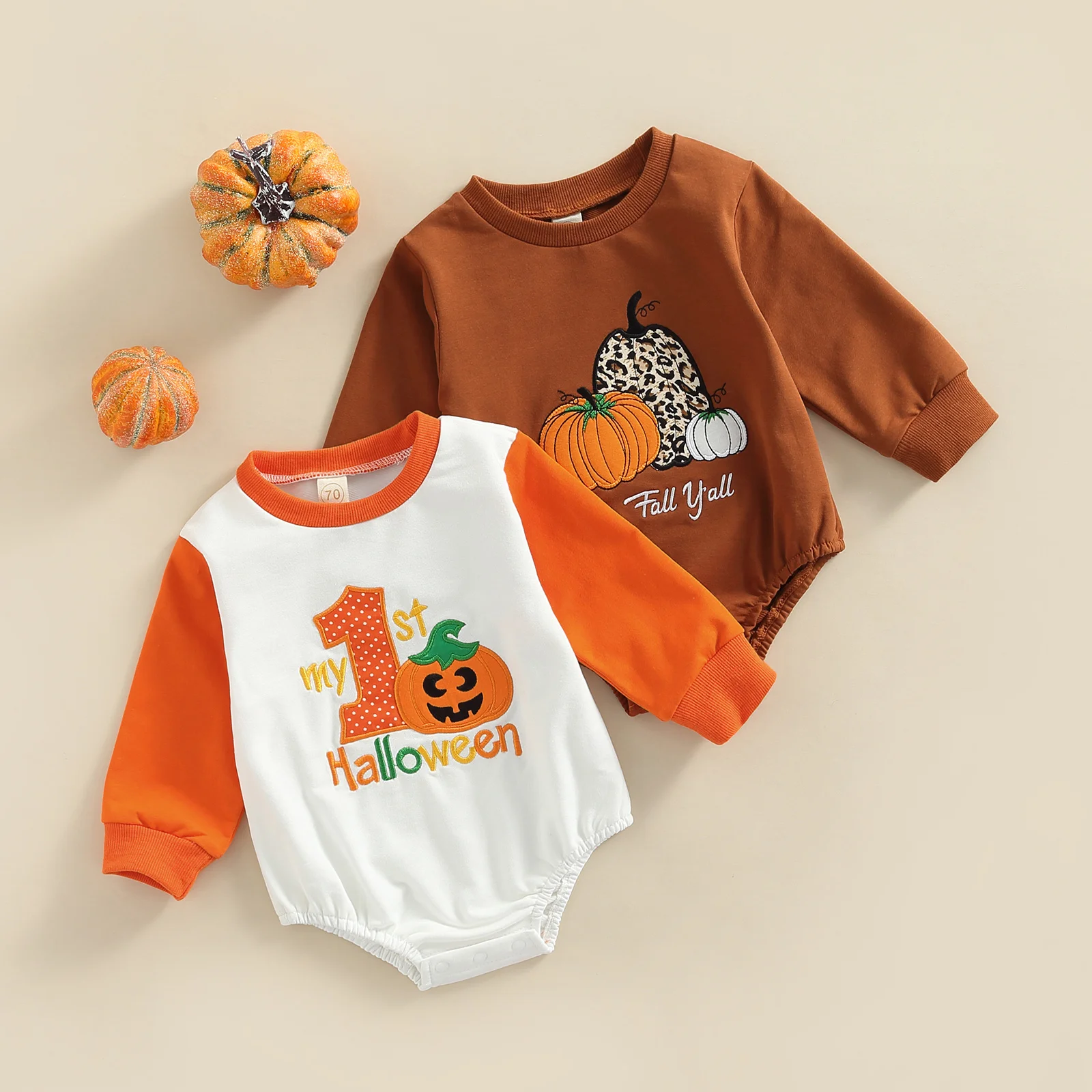 

Baby Boys Girls Halloween Romper Long Sleeve Crew Neck Pumpkin Print Patchwork Casual Bodysuit