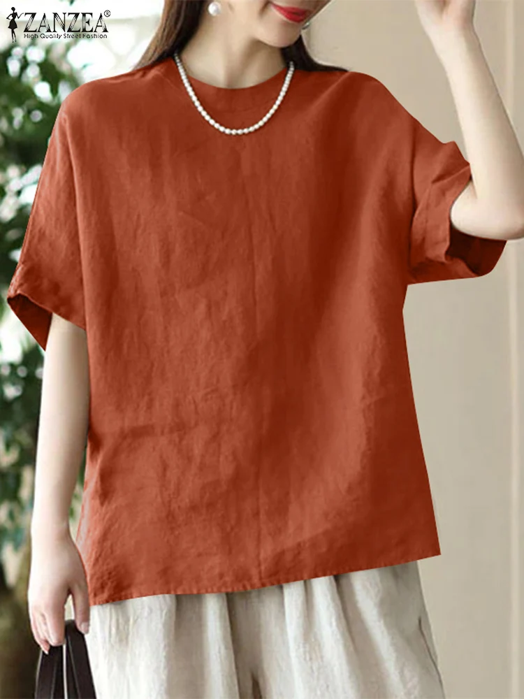Летняя Повседневная хлопковая блузка ZANZEA с коротким рукавом и круглым вырезом
