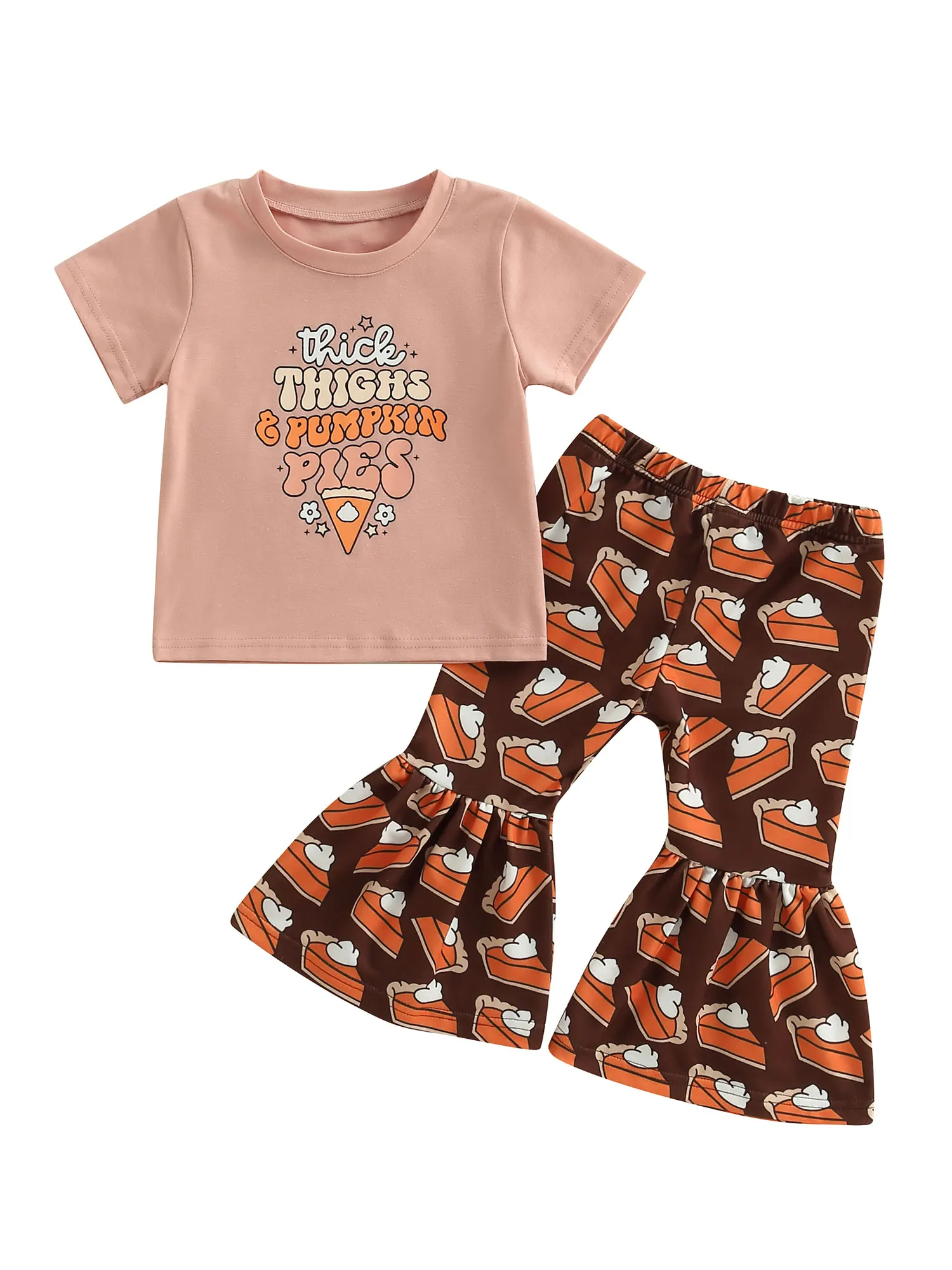 

Детские летние комплекты одежды для девочек, топы с коротким рукавом с буквенным принтом и стрейчевые повседневные расклешенные брюки с пр...