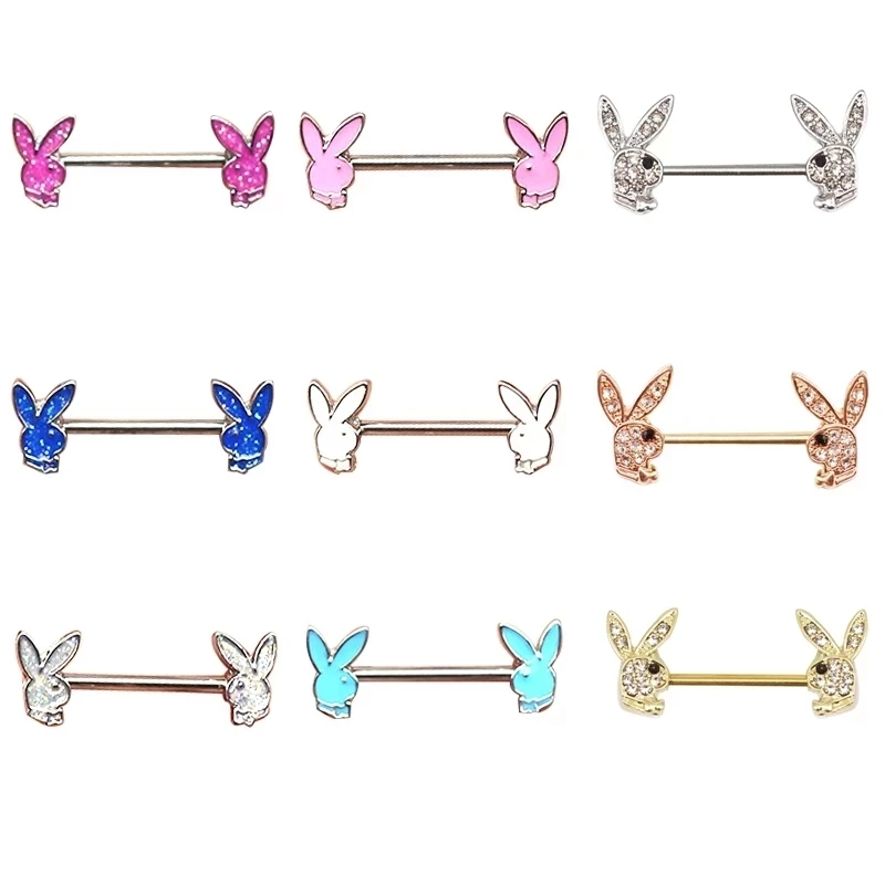 

2PCS Luminous Rabbit Nipple Piercing Ring Stainless Steel Bar Nipple Piercing Cartoon Bunny Chest Stud Body Jewelry