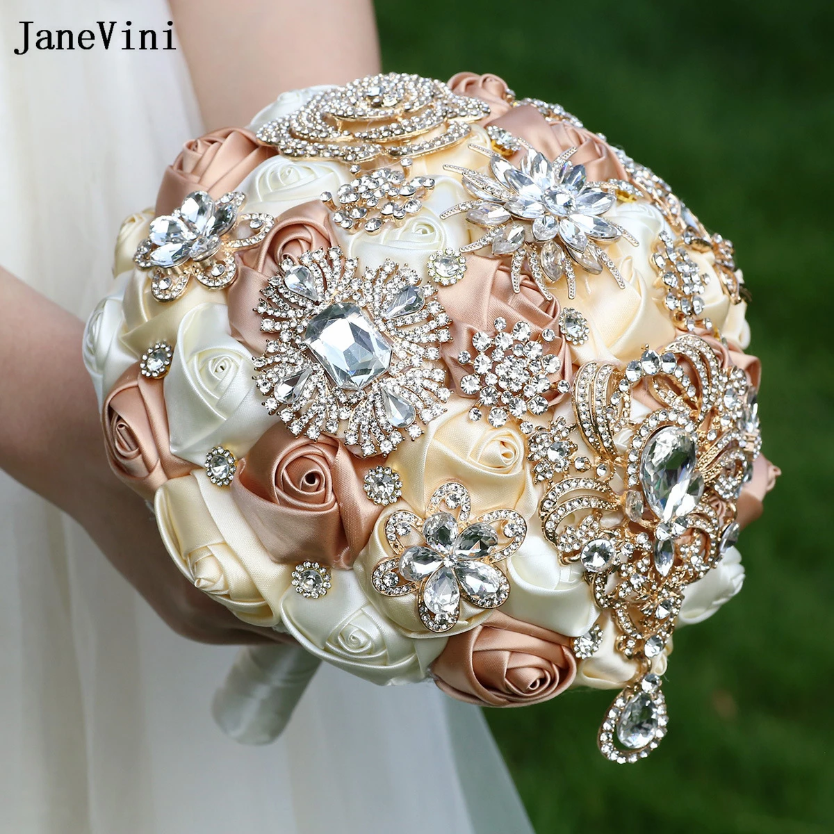 JaneVini Роскошные цветы абрикоса цвета хаки Свадебные букеты блестящие золотые