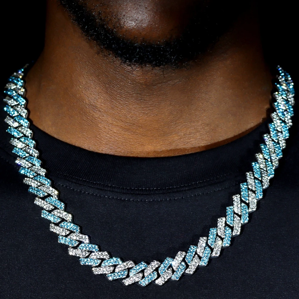 Punk Bling Blue Crystal Prong Cuban Chain Necklace For Men Women Iced Out 2 Row Rhinestone Link Choker Necklace Hip Hop Jewelry