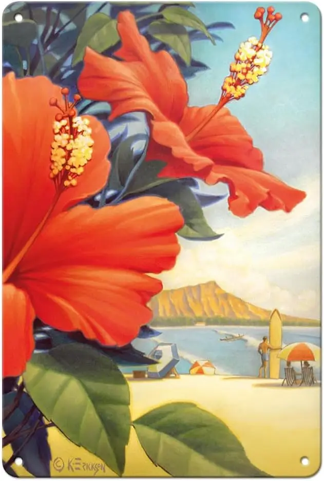 Pacifica Island Art Hibiscus Beach Day — Waikiki Red винтажный гавайский туристический постер от Kerne