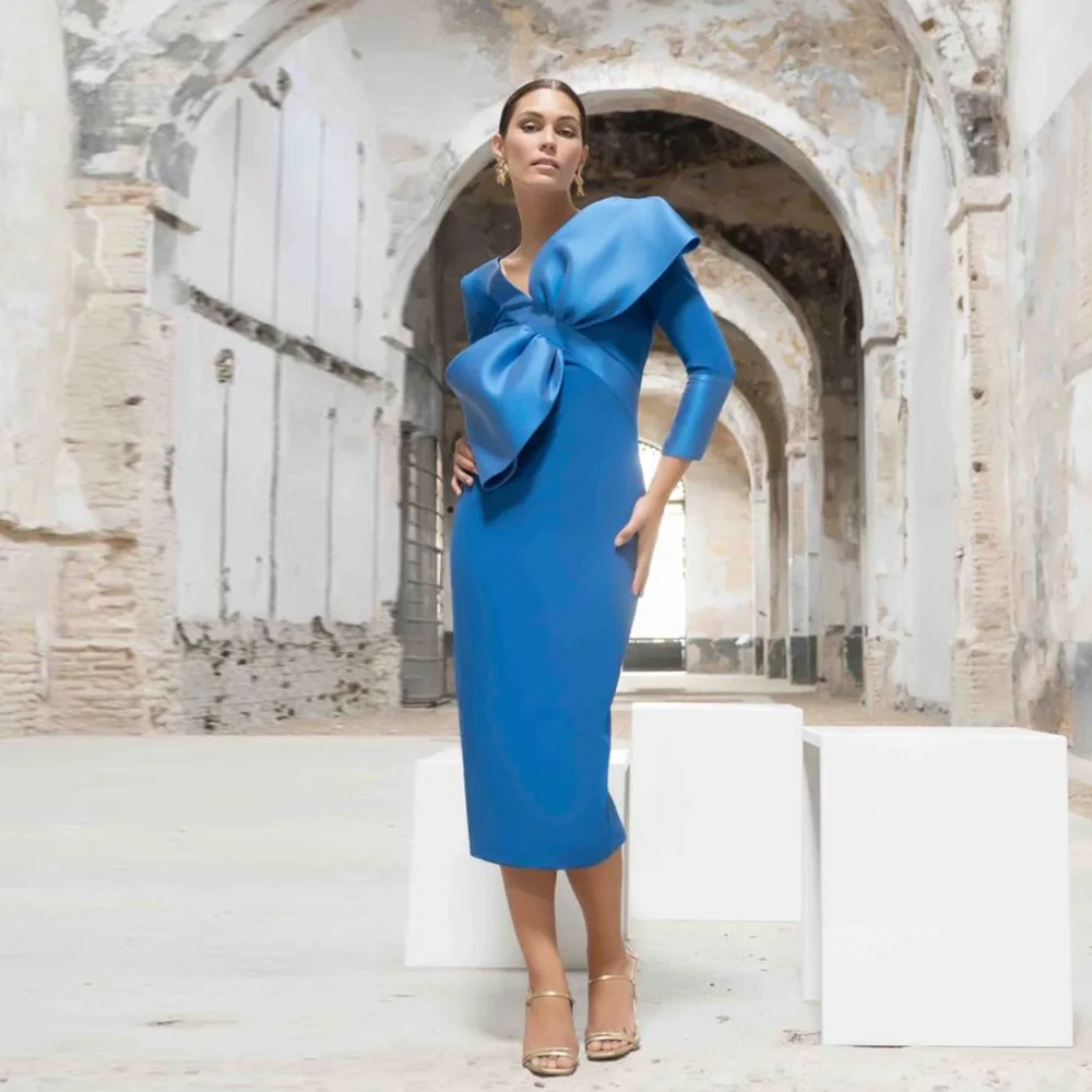 

Blue Elegant Mother of the Bride Dresses V Neck with Bow Long Sleeves Tea Length Wedding Guest Dresses Vestido فساتين السهرة