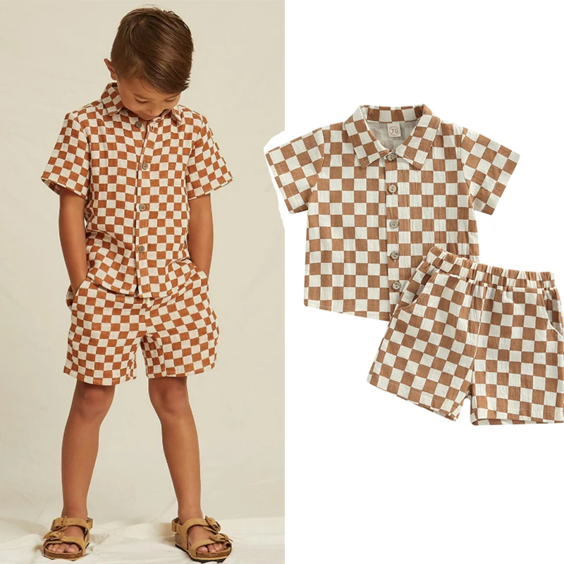 

2pcs Summer Baby Boys Gentleman Clothes Sets Plaid Print Short Sleeve Single Breasted Shirts+Shorts