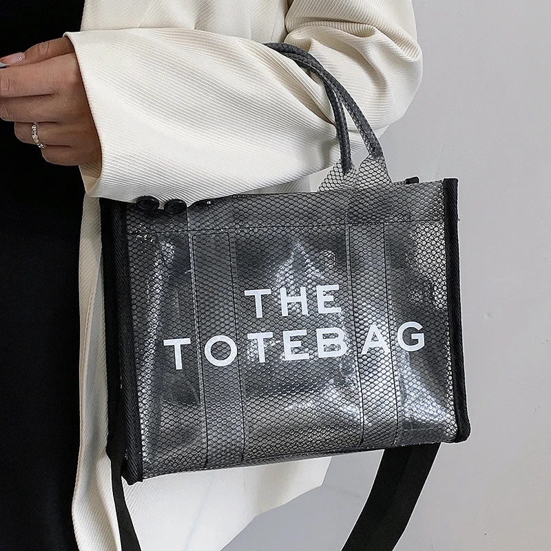 2023 Female Mesh Tote Bag Black Transparent Waterproof Summer Beach Women's Handbag Letter Print Ladies PVC Jelly Shoulder Bags