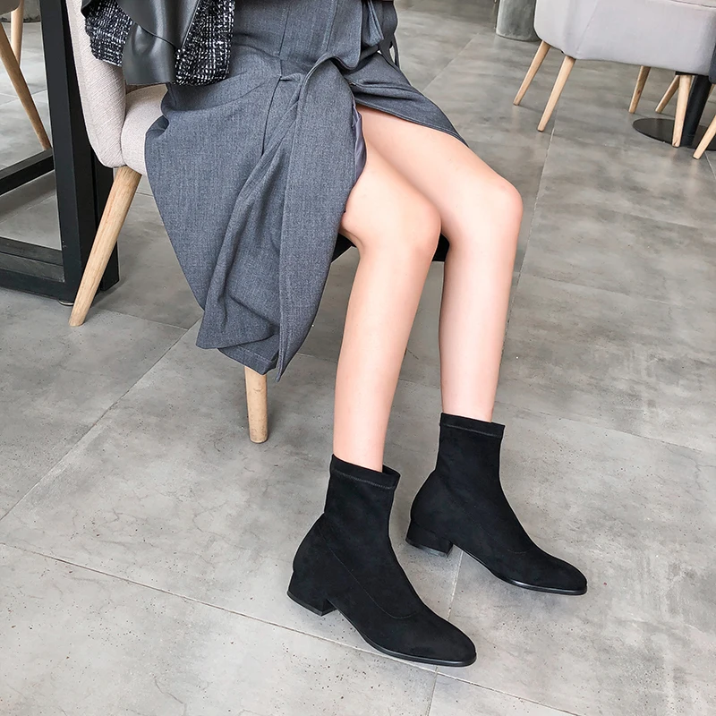 Женские ботильоны из эластичного флока черные абрикосовые бордовые ботинки на