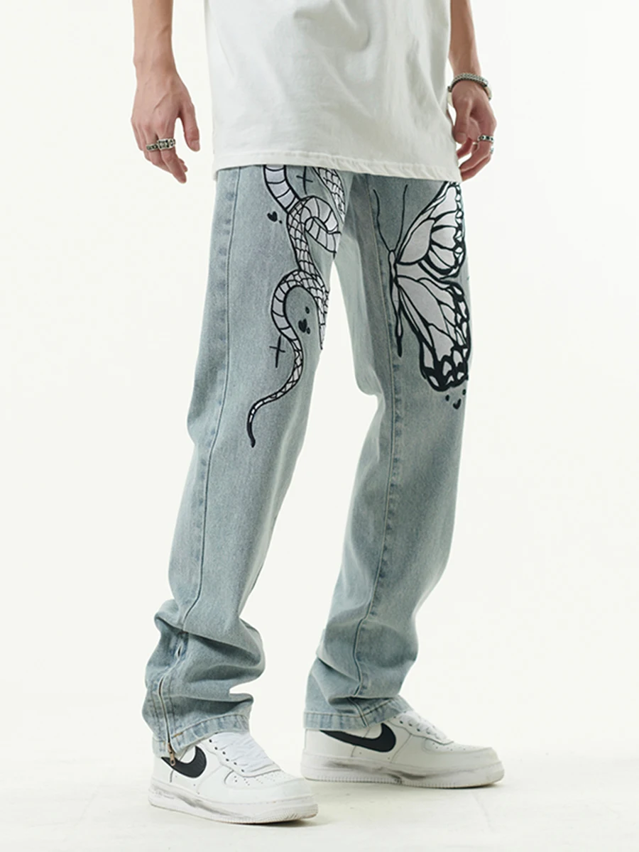 European High Street Butterfly and Snake Embroidered Straight Jeans Men's Ankle Zipper Retro Pocket Loose Denim Trousers Hip Hop