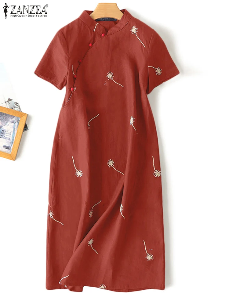 

Женские Элегантные платья-миди ZANZEA, летние платья в китайском стиле с наклонной планкой и воротником-стойкой, летние повседневные халаты с ...