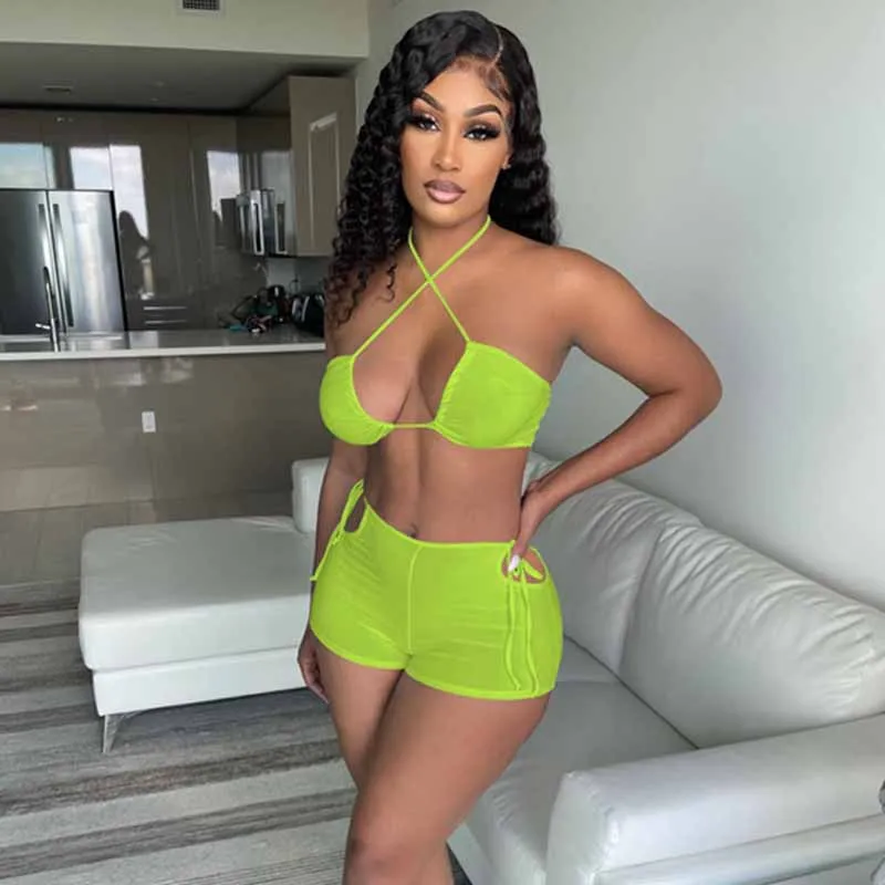 

Neon Green Summer Womens Two Peice Sets Backless Halter Crop Top and Shorts Set clubwear Sexy Beach Outfits for Women Clothing