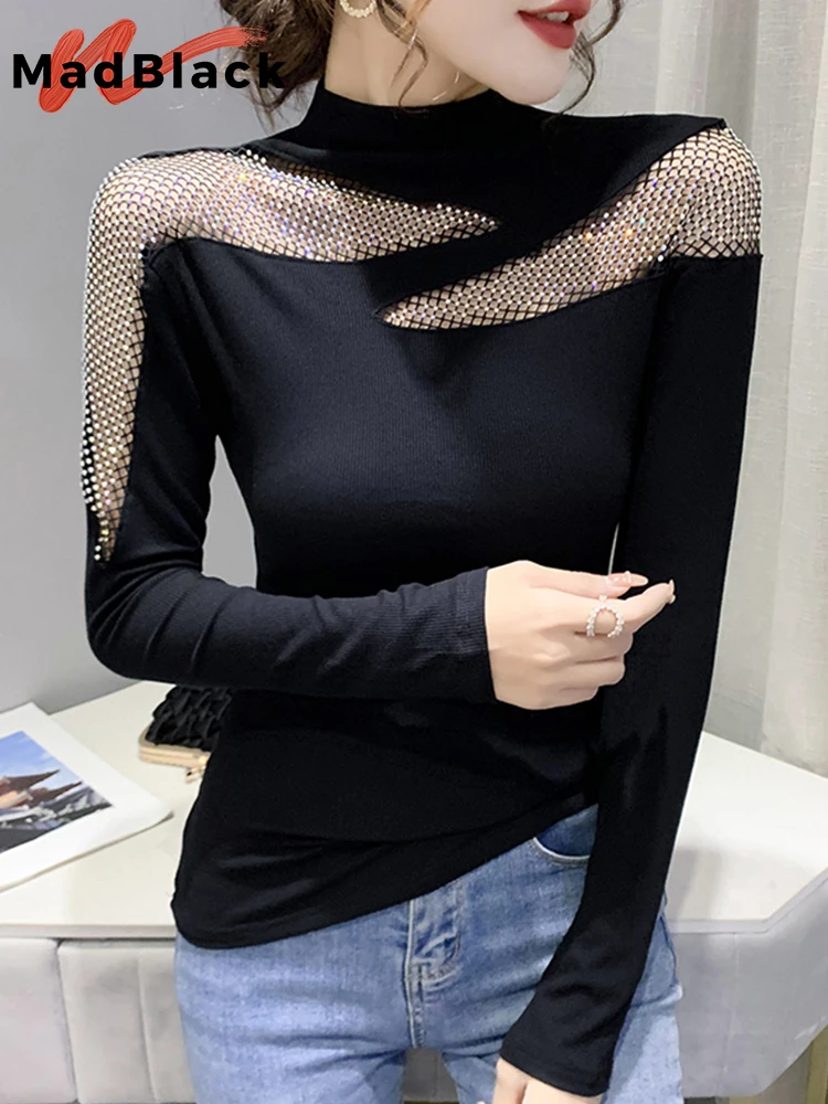

MadBlack Fall European Clothes T-Shirt Sexy Hollow Out Patchwork Diamonds Women Tops Long Sleeve Bottoming Shirt Tees T10708A